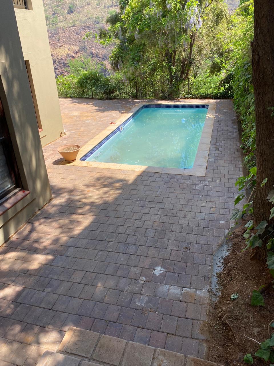 Residential pool with brick paving and bushveld view