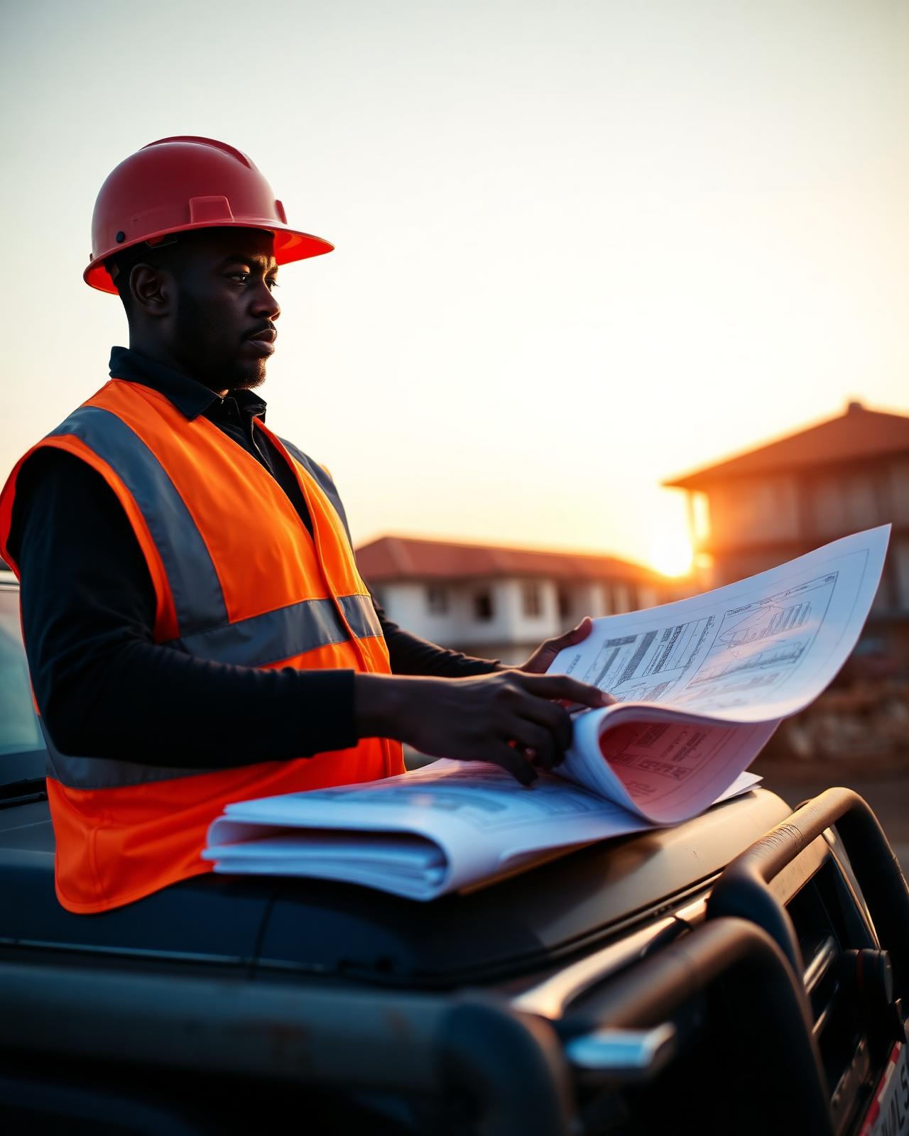MBC site supervisor reviewing blueprints at sunrise