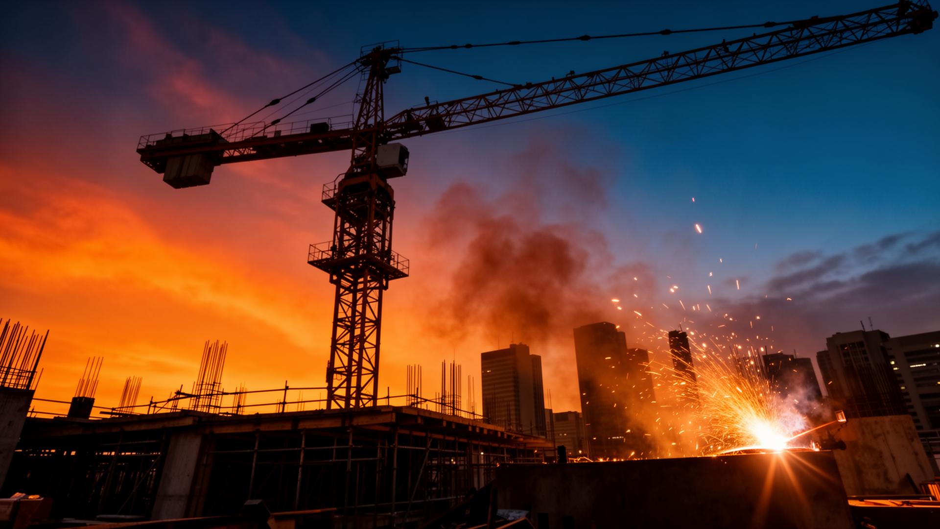 Construction crane silhouetted against twilight sky
